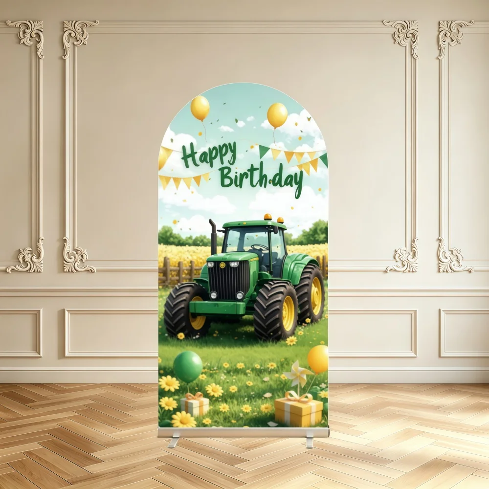 Farm Tractor Theme Arch Backdrop Cover Green Tractor Countryside Sunflower Balloon Birthday Decoration Arch Cover Background