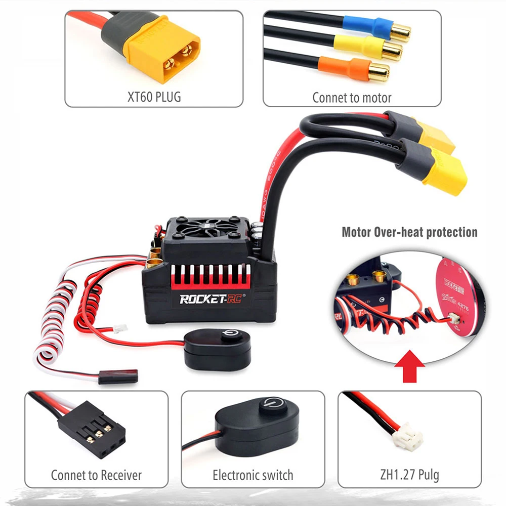 SURPASSHOBBY Rocket RC 130A ESC Brushless 160A ESC 4S Electronic Speed Controller Waterproof for 1/7 1/8 RC Car Buggy Truck