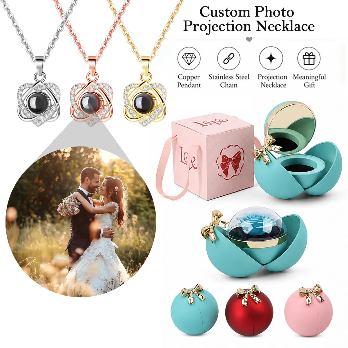 Custom Photo Projection Heart Necklace Spherical Rose Bow Gift Box Stainless Steel Chain Valentine's Day Birthday For Wife Women