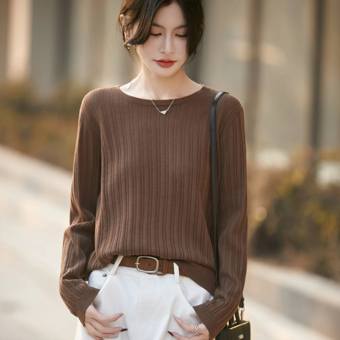 New French Style Simple Thin Cotton Knitted Long Sleeve Loose Slimming High-End Hollow out Base T-Shirt Casual Commute Style