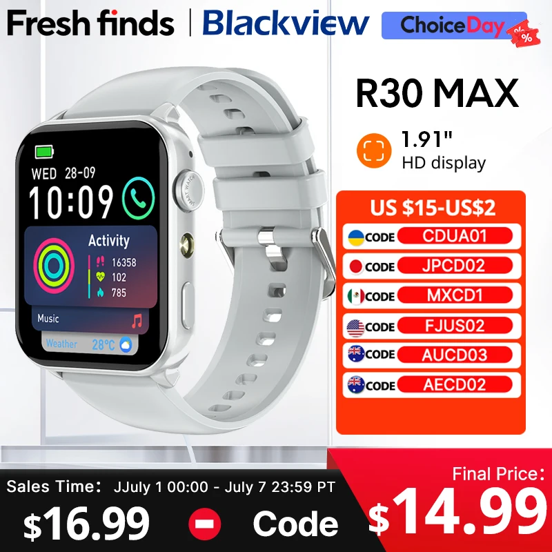 New 2025 Blackview R30 Max Smartwatch Bluetooth Phone Call LED Flashlight  1.91"  Al Voice Assistant 350mAh Sports watch