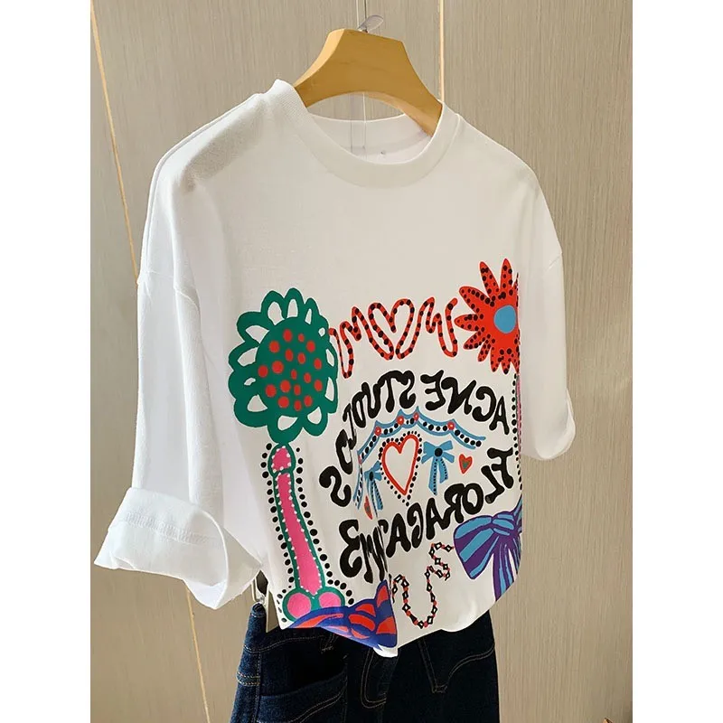 Spring Summer Floral Letter Heart Print round Ne ort Sve T-irt Women's Casual Cotton Top f Sve aphic Tee