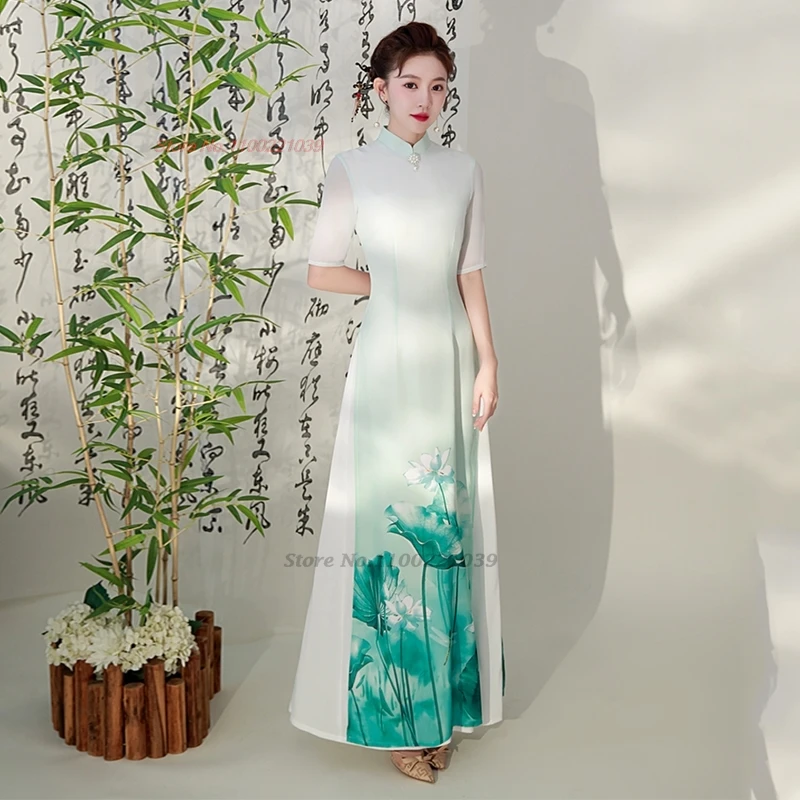 

2024 vietnam aodai dress traditional chinese vintage qipao dress women flower print improved cheongsam oriental banquet dress