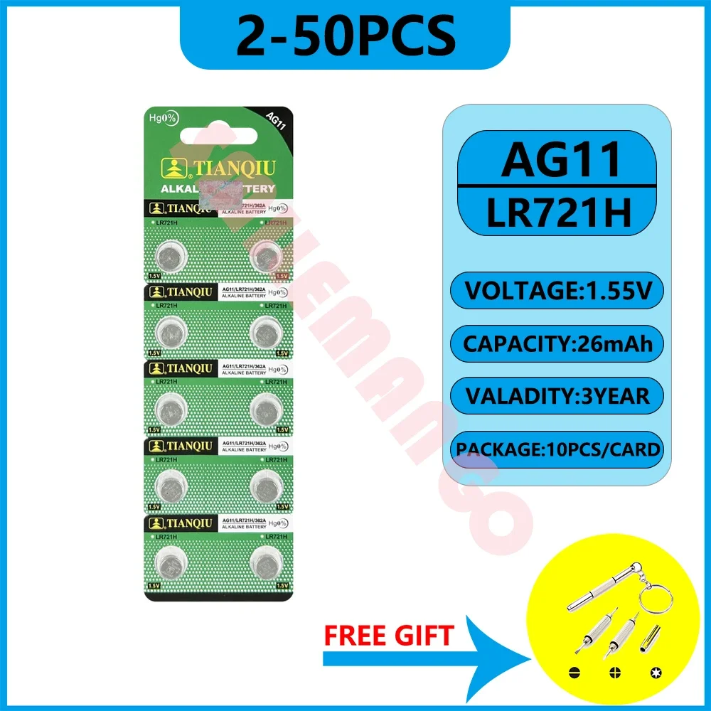 TIANQIU 1.55V AG11 SG11 LR58 SR58 162 361 362 LR721 SR721 Button Batteries SR720 L721F Cell Coin Watch Toys Remote Battery