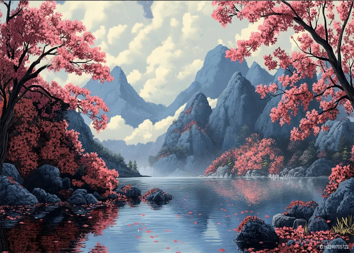 Customized Size Mural Watercolor Effect Pink Cherry Blossom Landscape Wallpaper Home Decoration Pink Mountains and Trees Murals