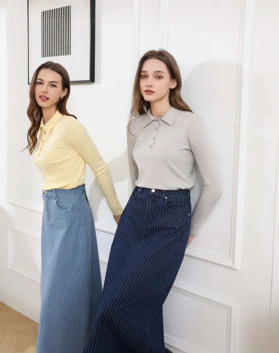 Falda vaquera a rayas AS SS26, ropa de moda para mujer, vestimenta femenina