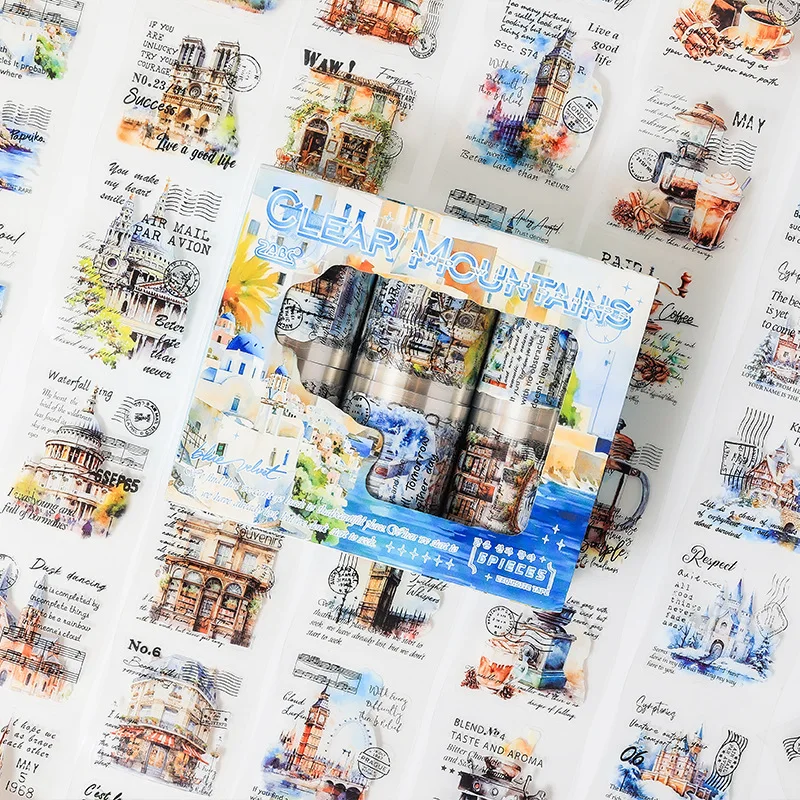 

6 Rolls/set 50mm*200cm Mountains and Plains Series Vintage Castle Landscape PET Tape Creative DIY Journal Collage Stationery