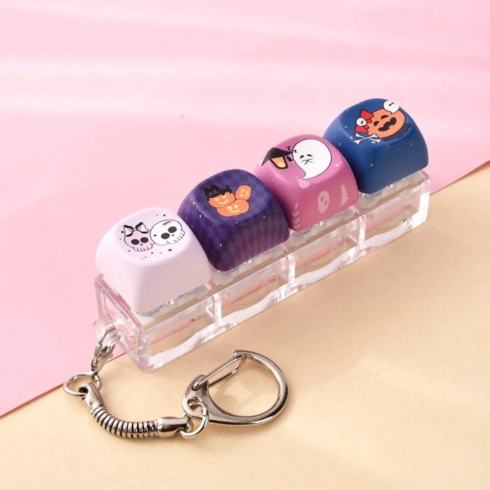 Plastic Keyboard Fidget Keychain Light Up Halloween Theme Light Up Keychain Cartoon Pattern Keyring Attachment Fidget Keyring