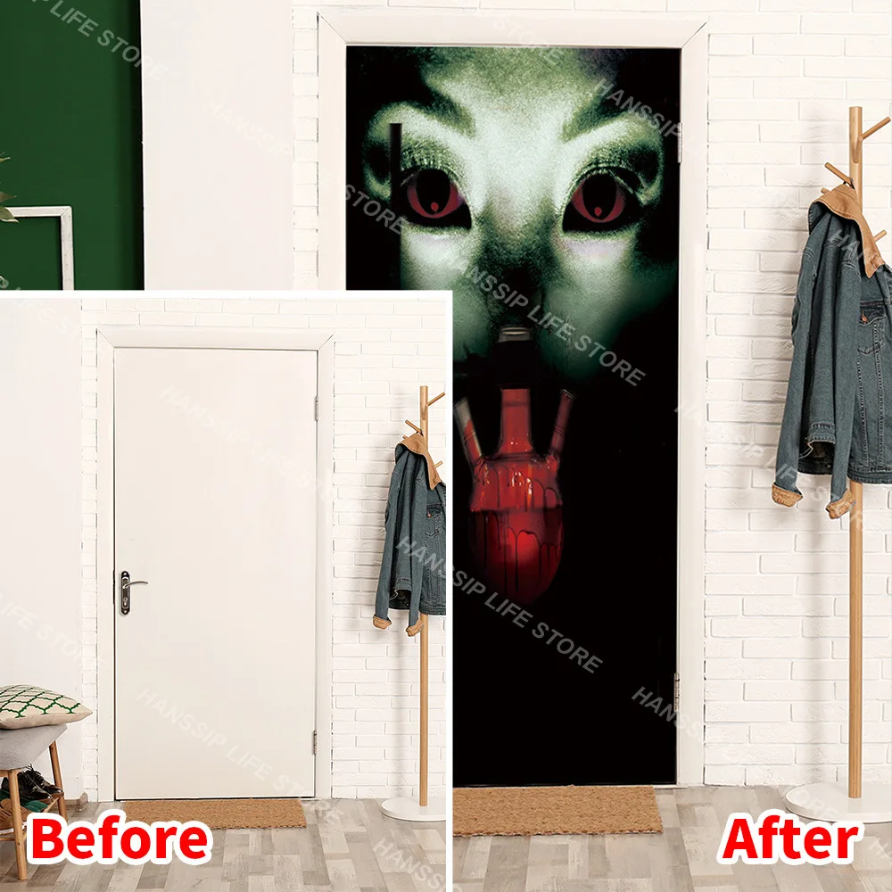 Dreadful Ghost Door Sticker Halloween Home Decoration Removable Gloomy Eerie Atmosphere Door Mural Sticker Peel and Stick