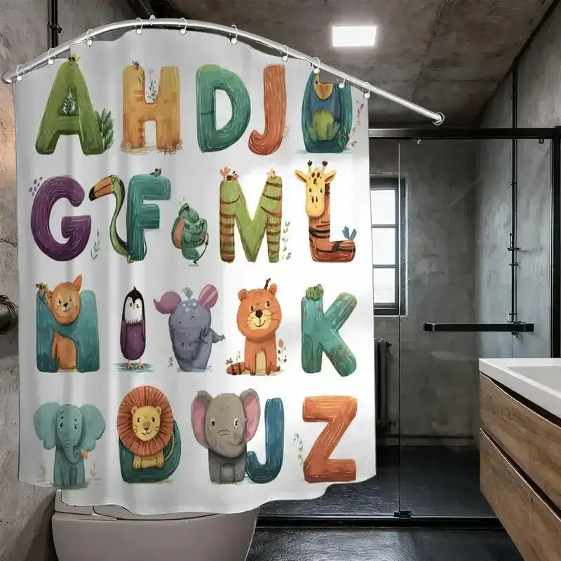 ABC Animal Alphabet Shower Curtain – Watercolor Letters with Cute Animals, 12 Hooks, 70.87×70.87