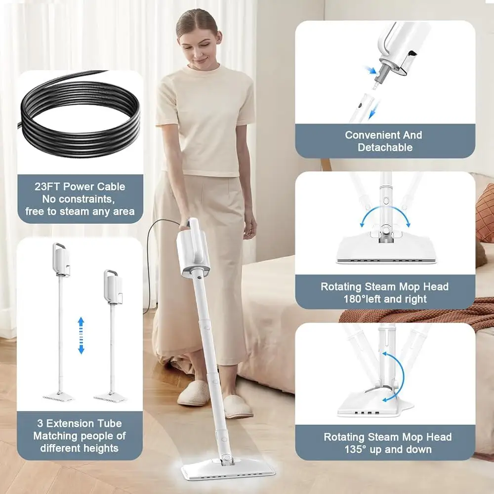 1200W Steam Mop 6 in 1 เครื่องฉีดน้ําแรงดันสูง 2 โหมด 400ML ถังแบบถอดได้ 23FT สายไฟปรับความสูงแผ่นที่ถอดออกได้