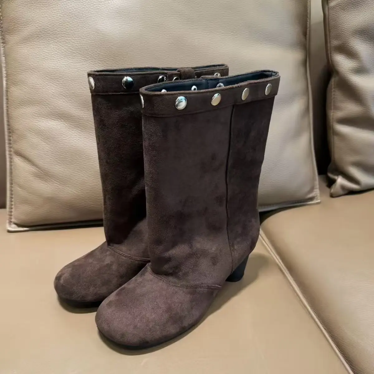 Women's Dark Brown Suede Mid-Calf Boots Studded Trim Low Heel Chic Elegant Style for Autumn/winter Outings Fashion Occasions