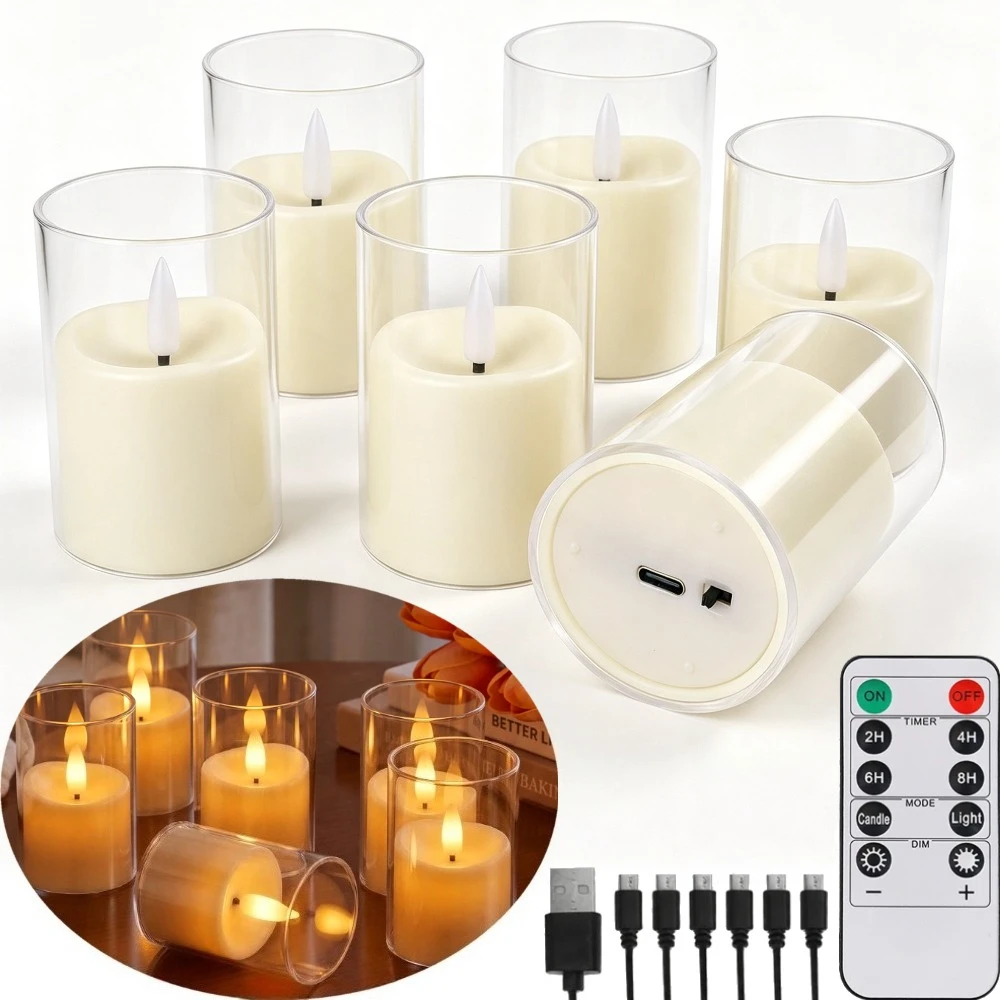 Clear Acrylic Rechargeable Flameless Candles Remote Battery Operated  LED Tealights Candle Votive Electric Lamp Home Party Decor