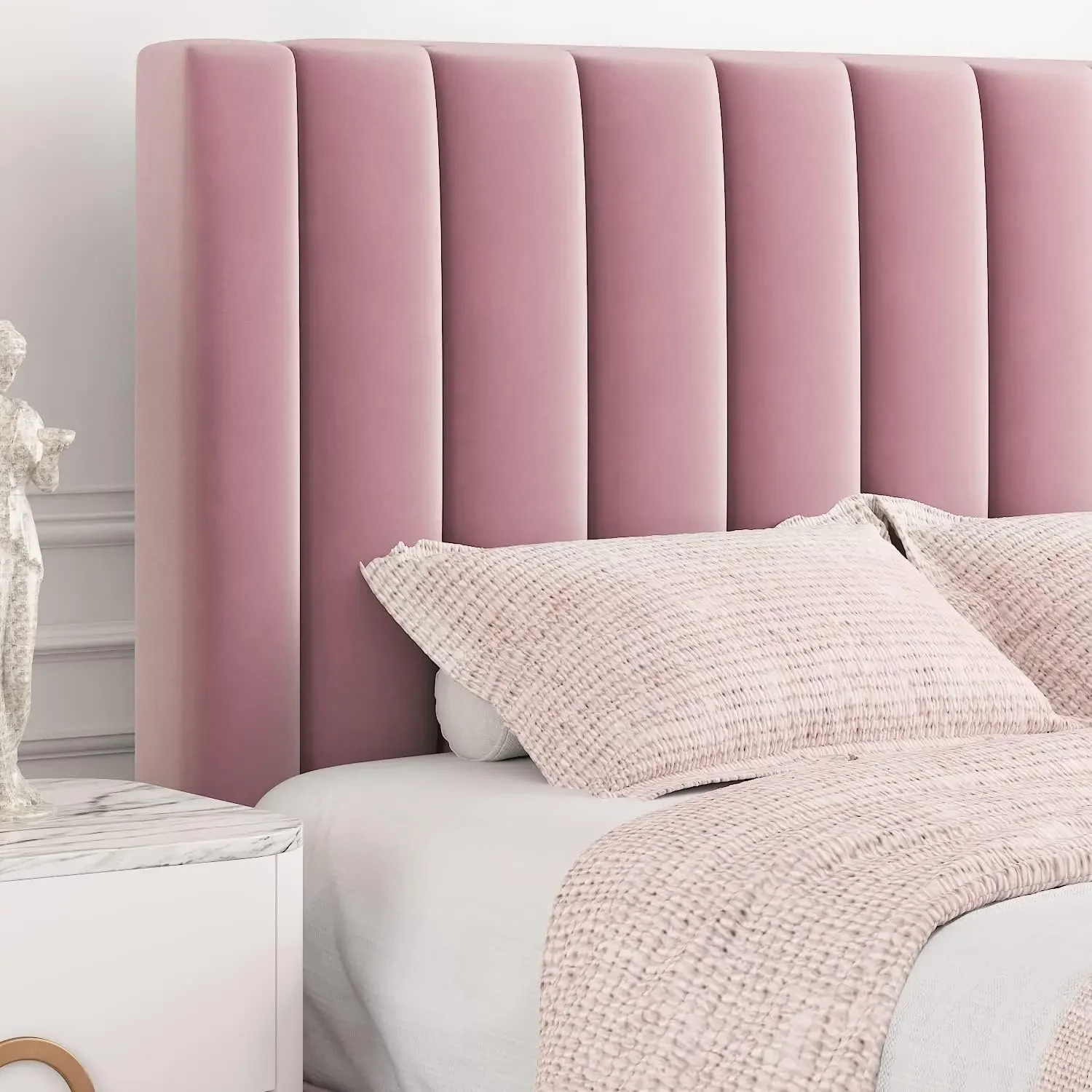 Pink King Velvet Upholstered Bed Frame with Vertical Channel Tufted Headboard/Strong Wooden Slats/Platform Bed Frame