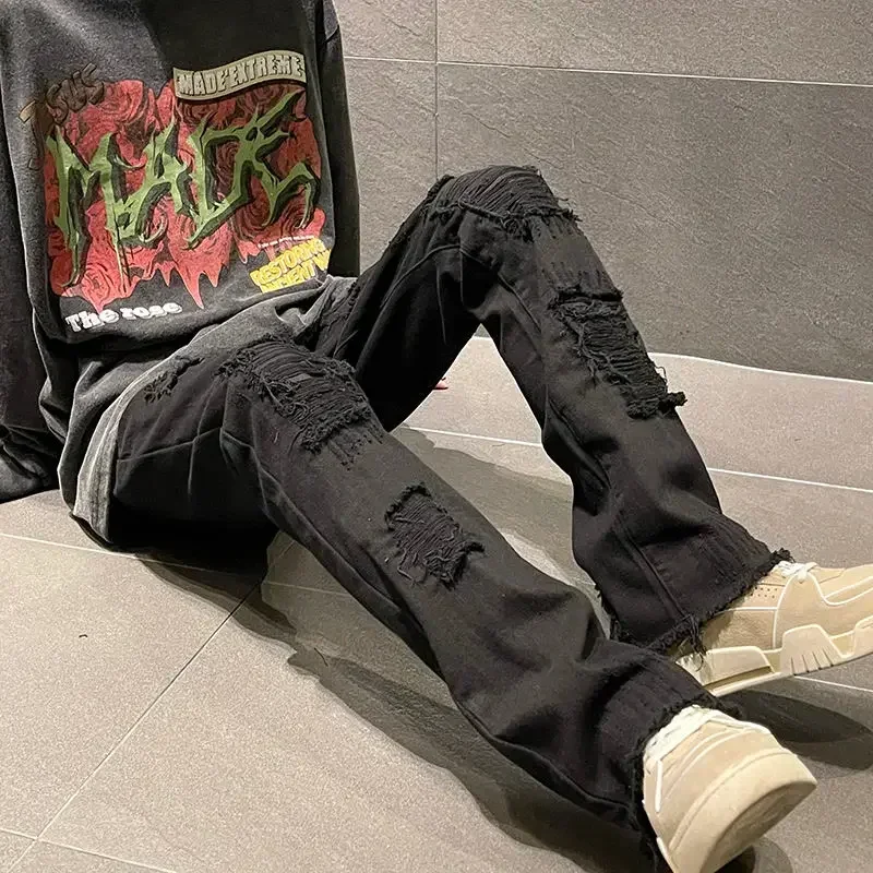 

Male Cowboy Pants Straight Jeans for Men Ripped Trousers with Holes Broken Torn White Regular New in 90s Streetwear 2024 Fashion