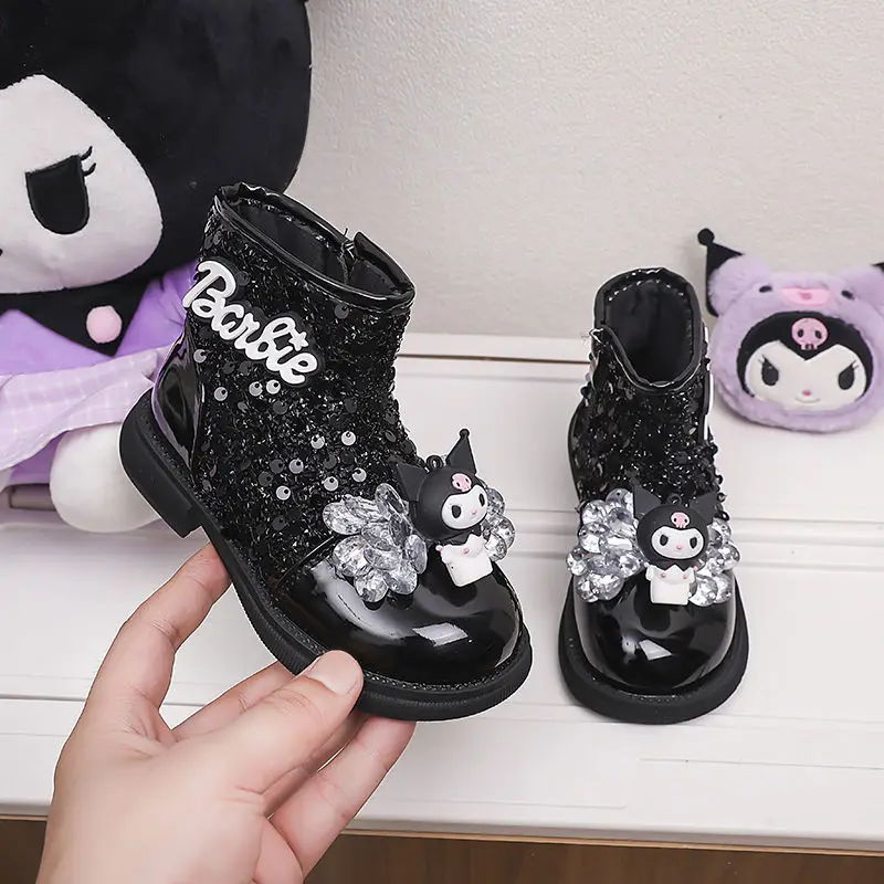 Kuromi meninas martin botas sanrio kawaii crianças botas de couro de fundo macio outono inverno anime dos desenhos animados infantil bonito festa botas curtas