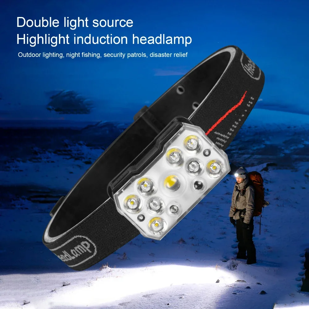 LED Induction Headlamp Outdoor COB Red Light Warning Headlight Flashlight Strong Light Fishing Running Waterproof Head Torch