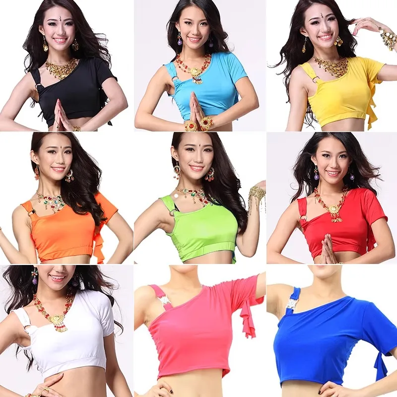 Customized Belly Dance Tops Women's Practice Clothes Performance Costumes Sexy Plus Size Short Sleeved Single Shoulder Rings