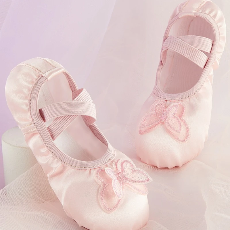 

3D Embroidered Butterfly Ballet Shoes Satin Wider Elastic Straps Genuine Leather Split Sole Dance Slippers for Class Recital