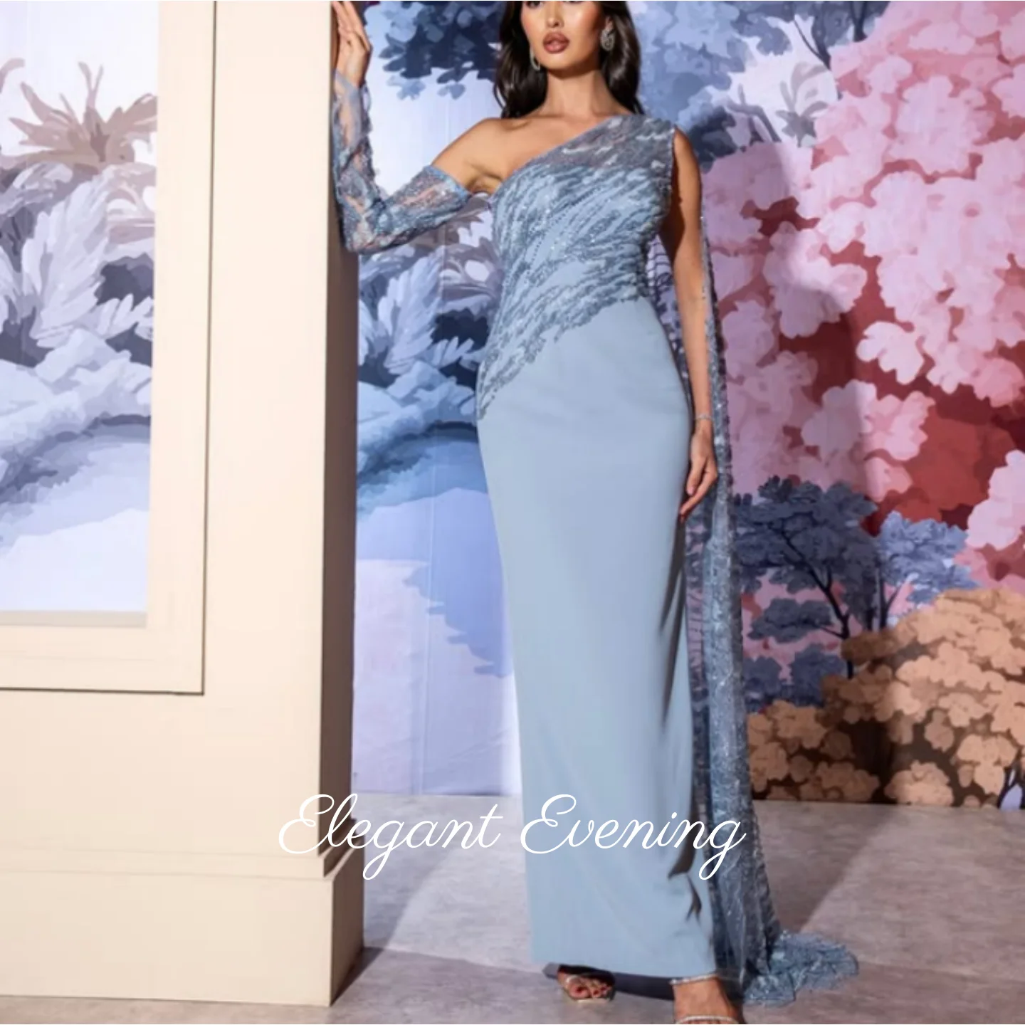 

Elegant Vintage Sweet Blue Beads Prom Dress One Shoulder Lace Evening Dresses Stylish New Customized Formal Occasion Party Gowns