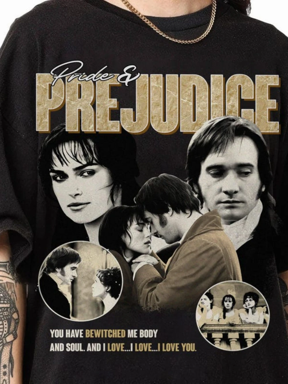 Retro 90s Pride and Prejudice Black Jane Austen Literary Character Scene Pattern Soft and Breathable Casual T-Shirt