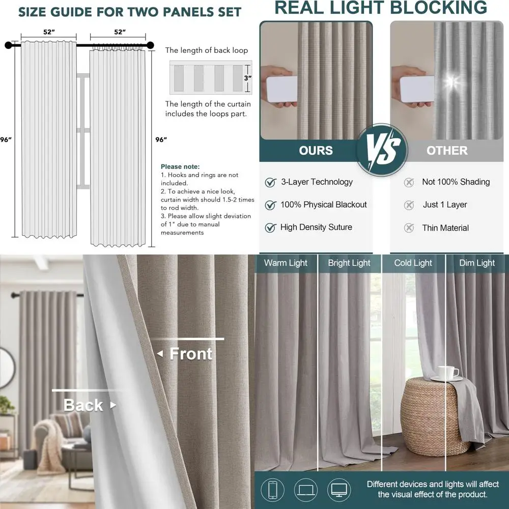 96 wärmeisolierte Verdunkelungsvorhänge mit Leinenstruktur und Rückenlasche, 52 B x 96 L, Austerngrau für das Wohnzimmer