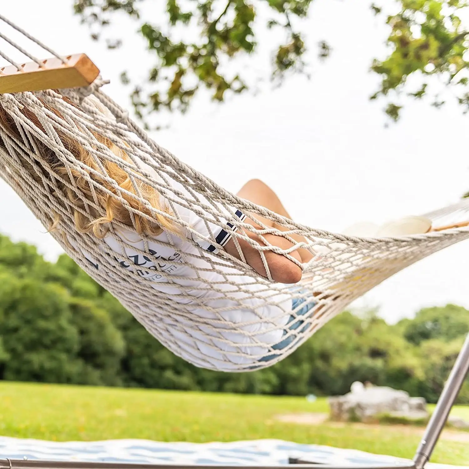 

12 Feet Steel Hammock Stand with Cotton Rope Hammock Combo,Quilted Polyester Hammock Pad and Pillow (Tan)