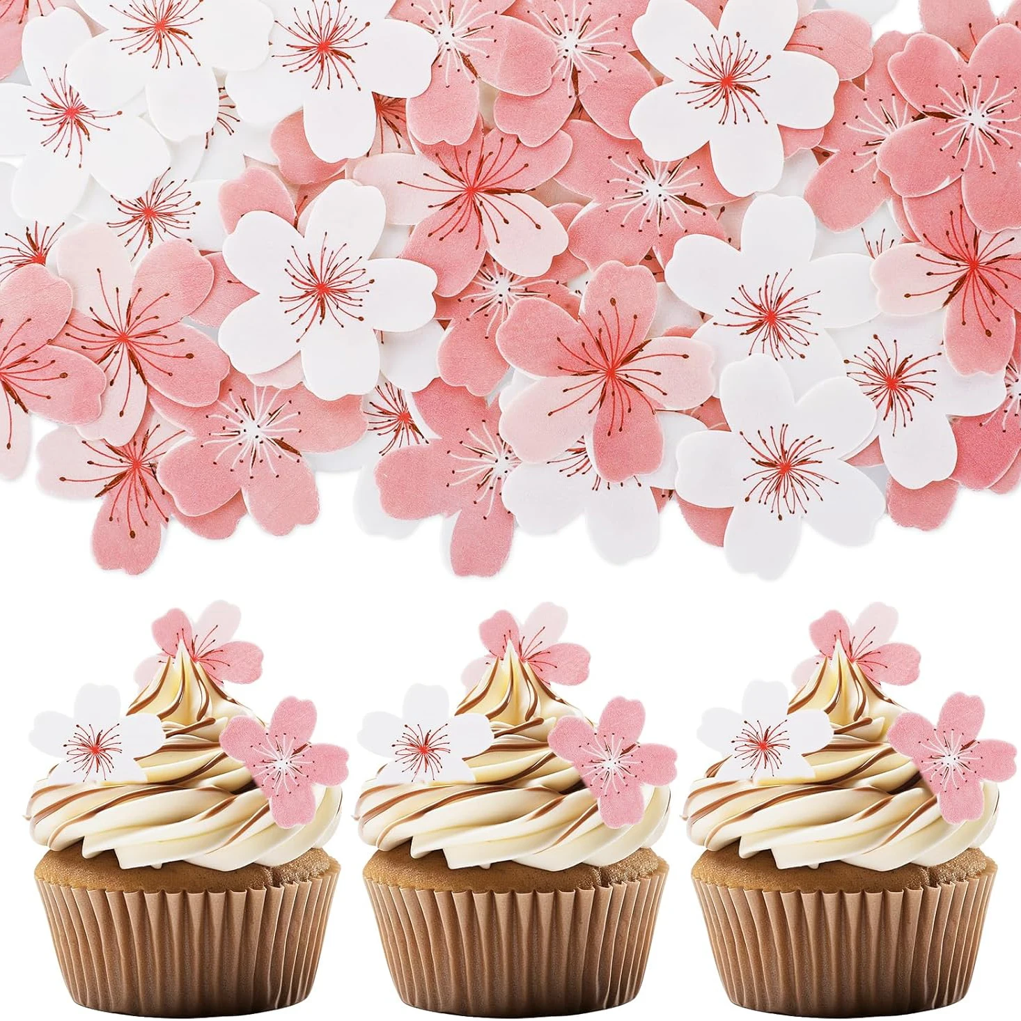60Pcs Flowers Cupcake Toppers Cherry Birthday Cake Decorations Sakura Flower Cake Toppers for Birthday Wedding Baby Shower Decor