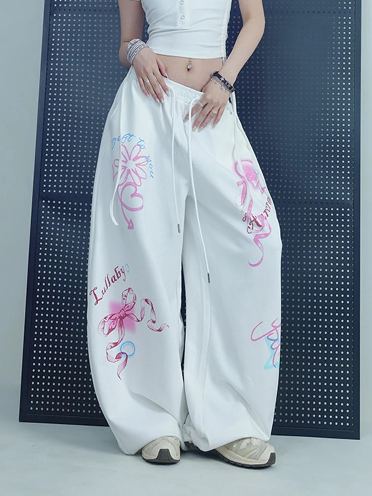 Cute Bow Print Pant Women Streetwear Casual Loose Vintage Hip Hop Trousers Fall Vintage American High Waist Female Sweet Pants