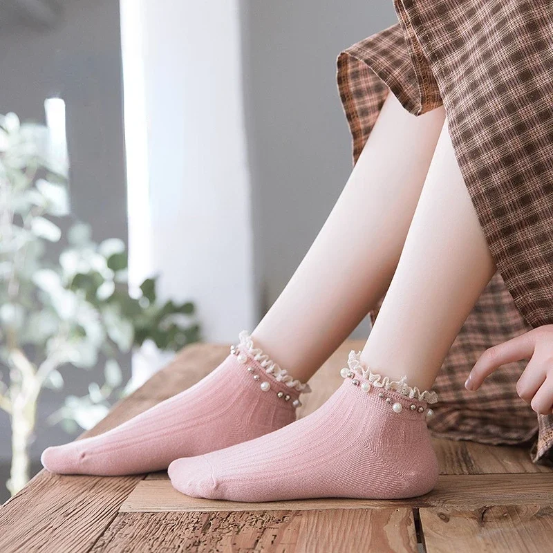 Spring and Autumn Socks Versatile Japanese Pearl Lace Socks Candy Color Cotton Socks Mujer Chaussette Femme