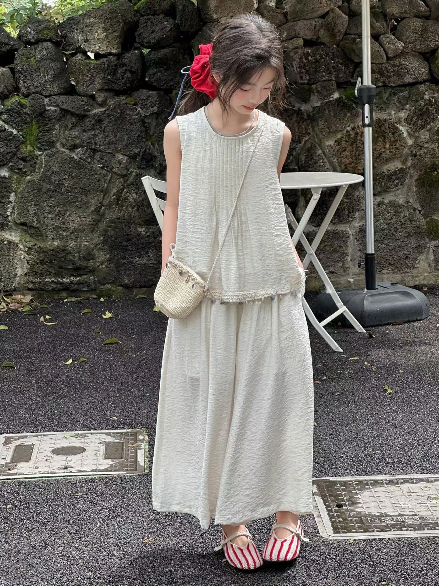 girls-textured-summer-dress-set-sleeveless-wide-leg-pants-two-piece-outfit-korean-forest-style-cute-child-clothing-ensemble