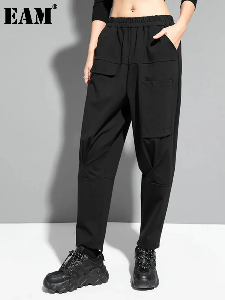 

[EAM] High Elastic Waist Black Pocket Long Harem Pants New Loose Fit Trousers Women Fashion Tide Spring Autumn 2024 1DF1657