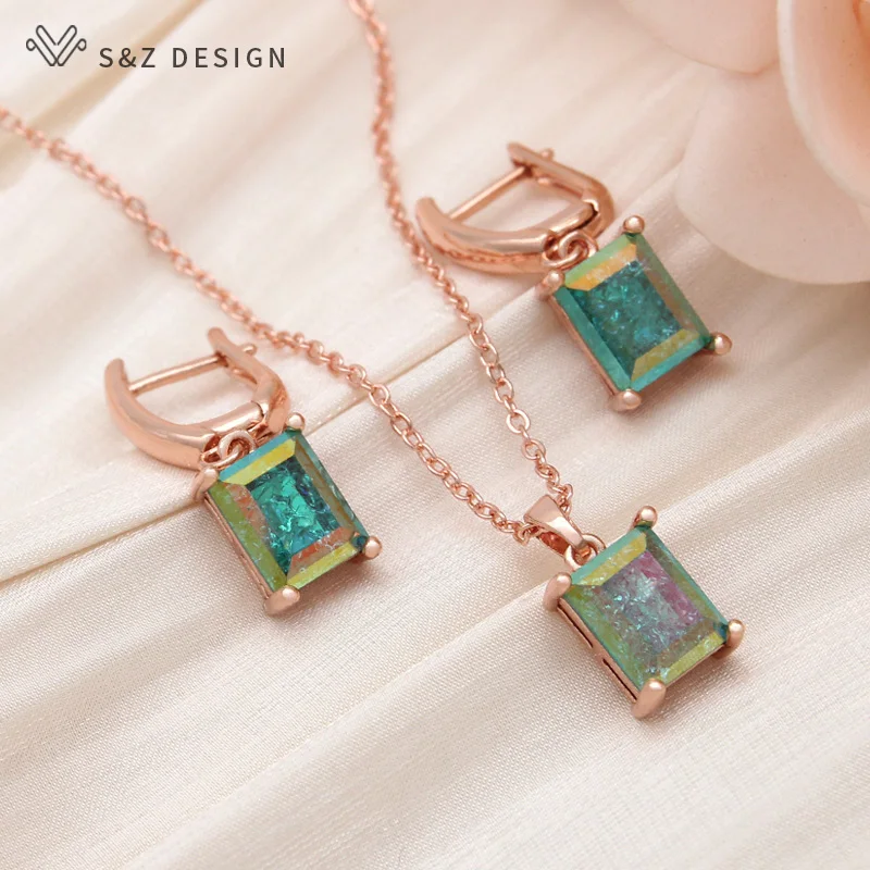 

S&Z DESIGN New Fashion Rectangle Ice Crack Crystal Dangle Earrings Jewelry Sets For Women Pendant Necklace 585 Rose Gold Color