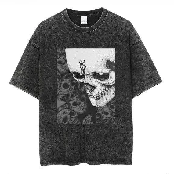 Krótki rękaw, wygodna koszulka, luźny krój, styl uliczny, postarzana, męska, z nadrukiem czaszki, w stylu retro.