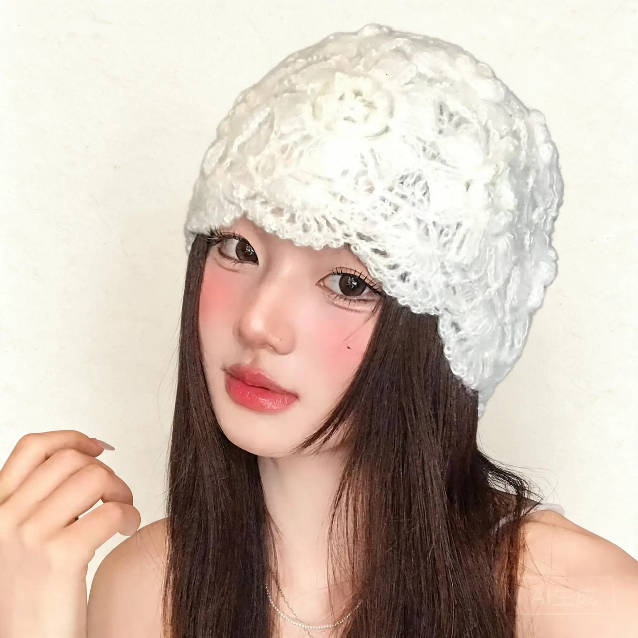 Women Hand Crochet Hollow Out Floral Knitted Beanie Hat Large Head Circumference Autumn Winter Warm Slouchy All Match Daily Soft
