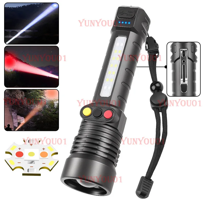 Cross-border New Product White Laser + LED Multi-function Flashlight Three-color Zoom Side Light Type-C Charging Signal