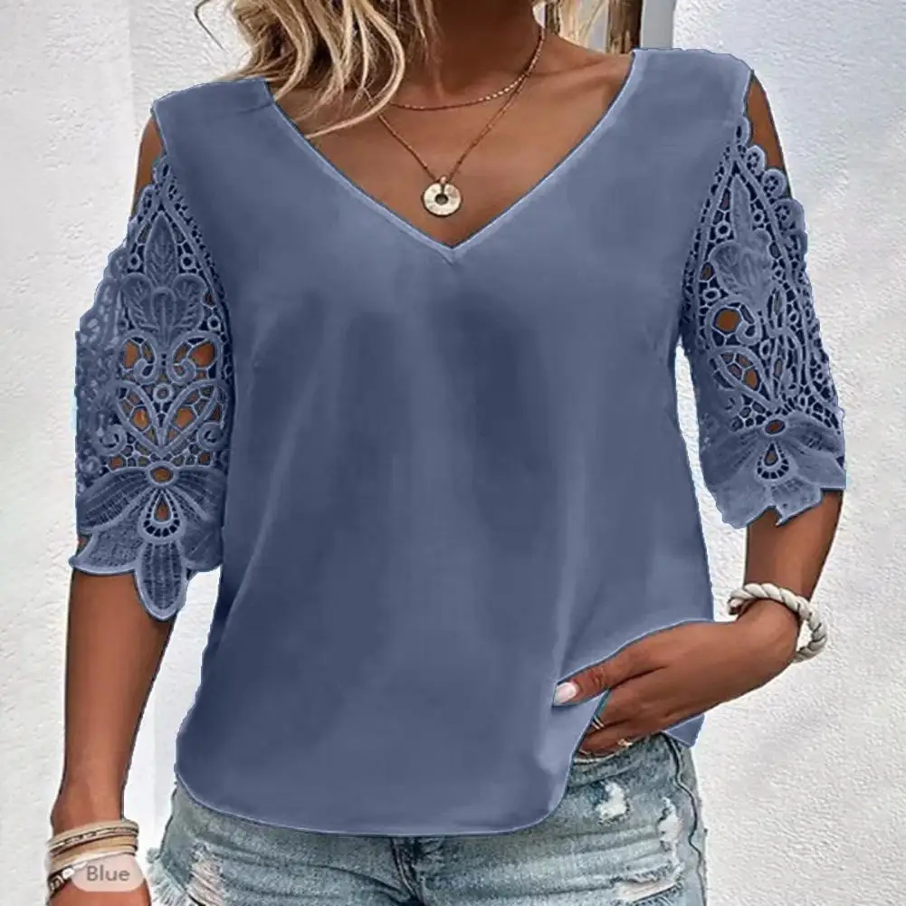 V-Neck Cold Shoulder Shirt Top Blouse Women Hollow Lace Stitching Half Sleeve Thin Casual Loose Solid Color Tops Daily Clothing