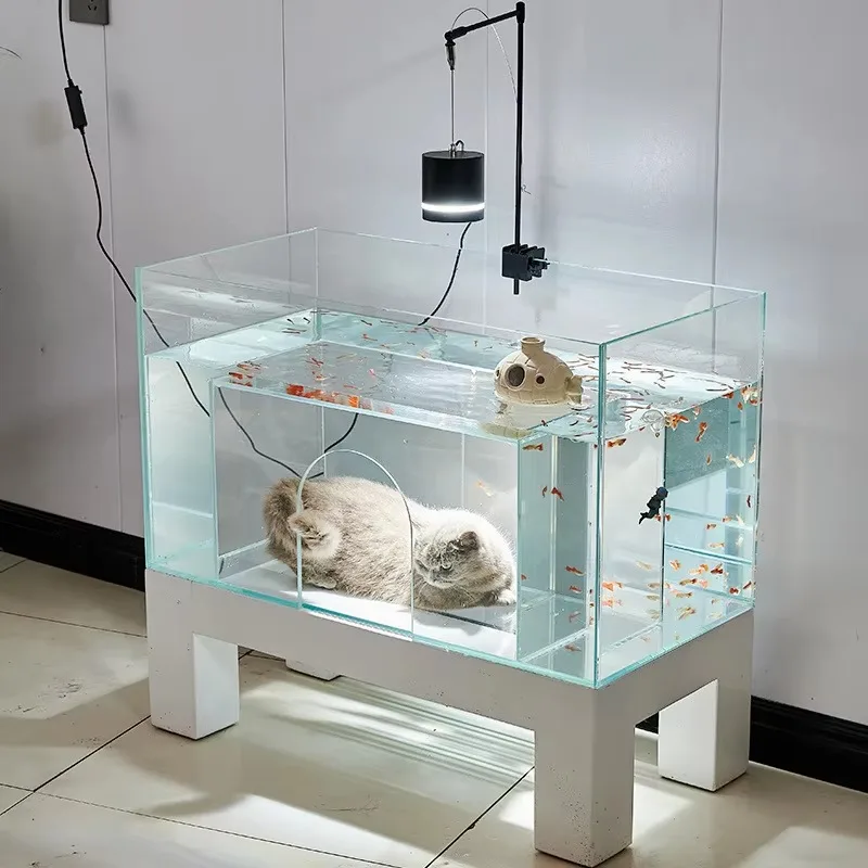 Double-Partitioned Glass Fish Tank for Cats Dynamic Cat Entertainment Scene Living Room Bed Enjoyment