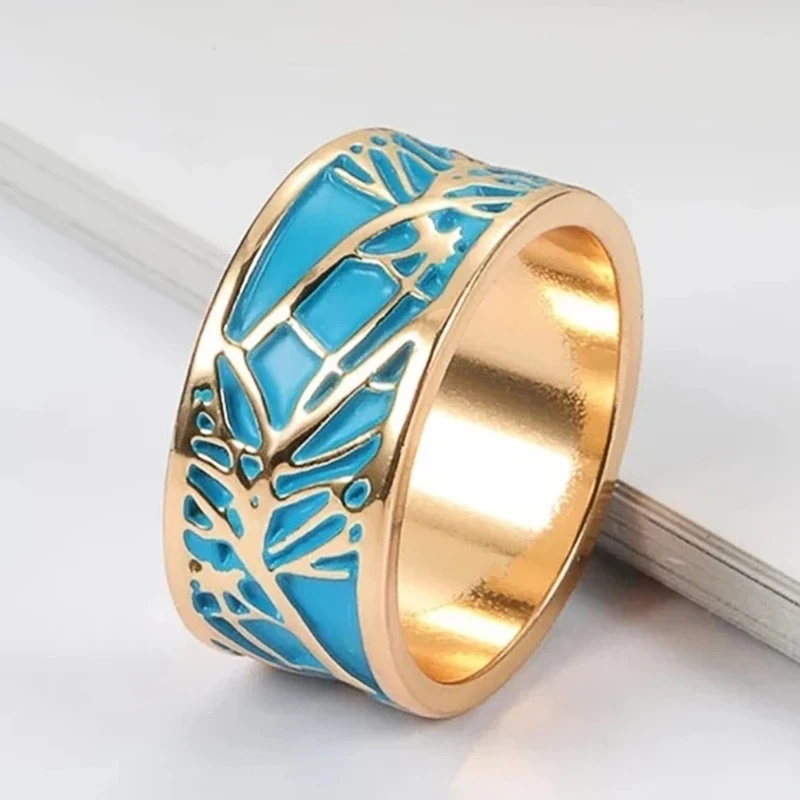 Huitan Boho Style Blue Enamel Finger-ring for Woman Creative Plant Tree Pattern Design Fancy Girl Gift Party Female Jewelry New