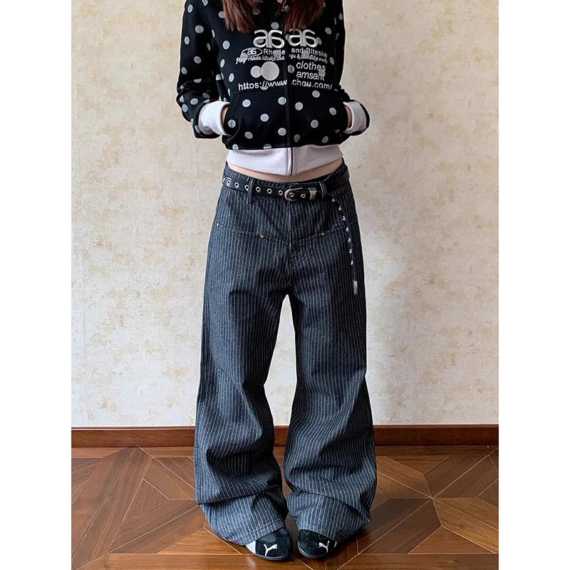 ZHIZOU Autumn Y2K Vintage 90s Gray Striped High Waist Wide Leg Pants Women Long Loose Trousers Full Length Bottom Jeans Pants