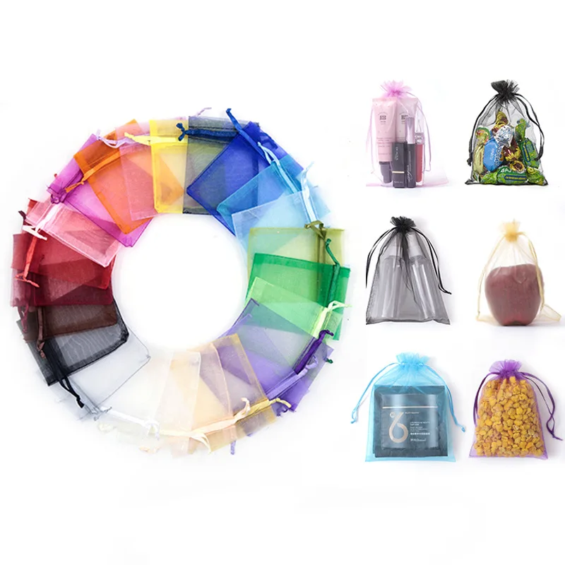 100Pcs Candy Bag Gift Mesh Bag Multi Size Solid Color Organza Bundle Pocket Cosmetics Jewelry Beads Packaging Protecting Bag