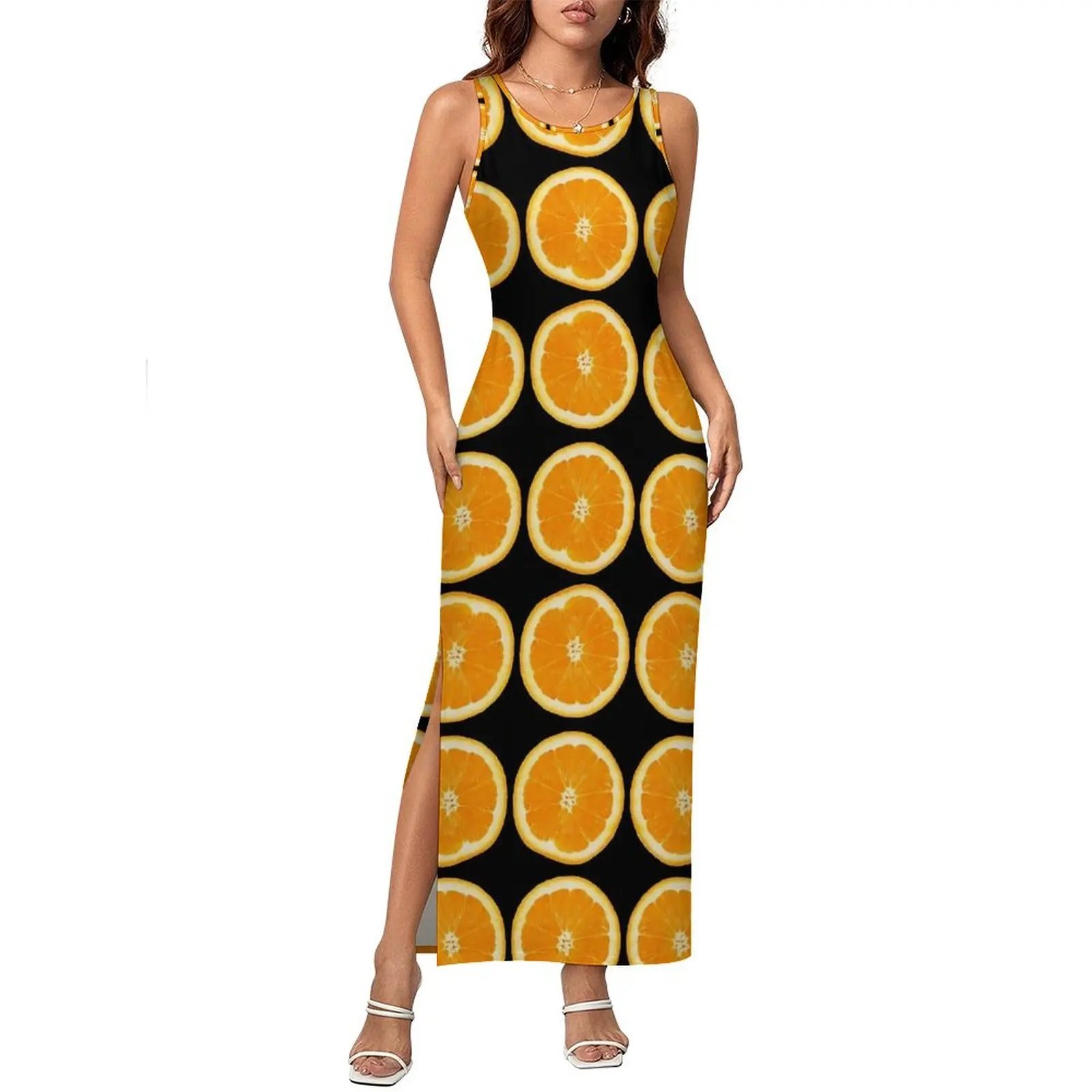 Oranges Slices Dress Sleeveless Fruits Print Y2K Fashion Maxi Dresses Club Party Bodycon Dress Womens Custom Oversize Vestido