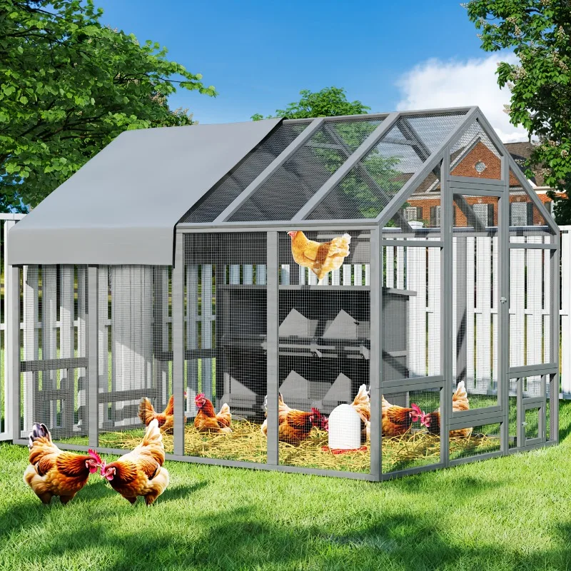 

Outdoor Multi-Use Wooden Poultry Coop with Free-Range Run Area & Full Protection Rain Cover, Large Walk-In Design for Backyard F