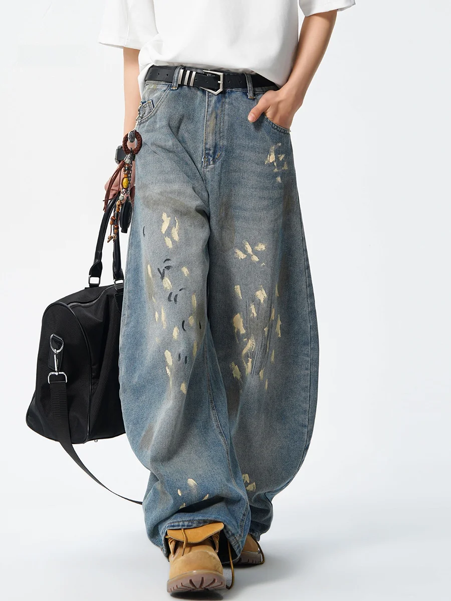 

Мужские широкие джинсы прямого кроя в стиле High Street, с эффектом потертости, весенняя новинка, модные, повседневные, износостойкие, из полиэфирного волокна, со средней посадкой на талии