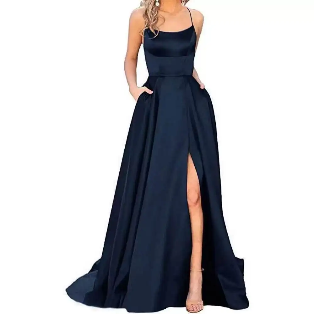 Sleeveless Long Bridesmaid Gown Spaghetti Strap Backless Solid Color Sweep Train Formal Evening Party Wedding Dress