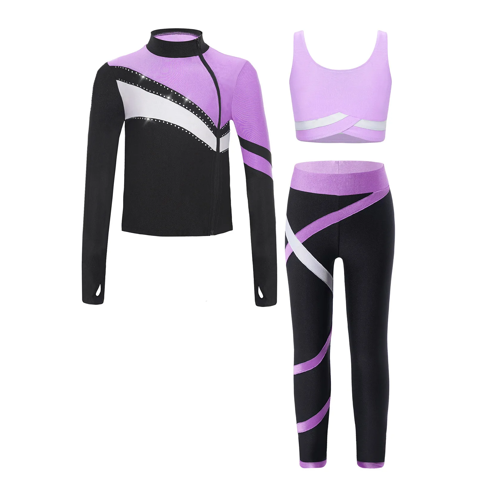 

Kids Girls Sportswear Long Sleeve Zipper Sweatshirt+Vest Crop Top+Leggings Pants Set for Gymnastics Figure Skating Yoga Workout