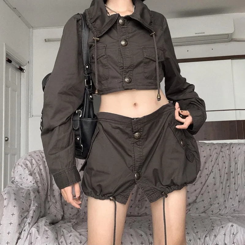 Solid Color Woven Lapel Button Drawstring Long Sleeved Jacket Short Top High Waisted Irregular Pocket Skirt Two-Piece Set For