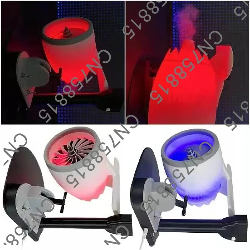 Red and blue tail flame aircraft engine modeling creative fan. Desktop turbofan with humidifying spray