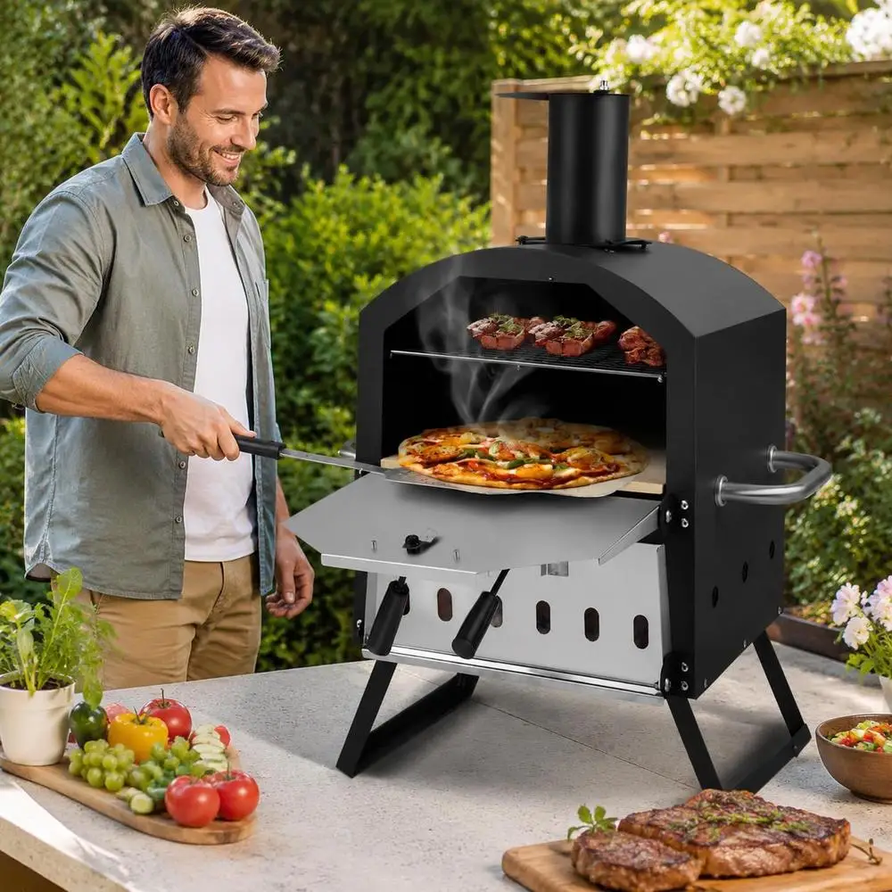 2-Schichtiger Multifunktions-Outdoor-Pizzaofen Grill 85 X 55 X 90 Cm Abnehmbarer Waschbarer Grillrost Faltbares Tragbares Design