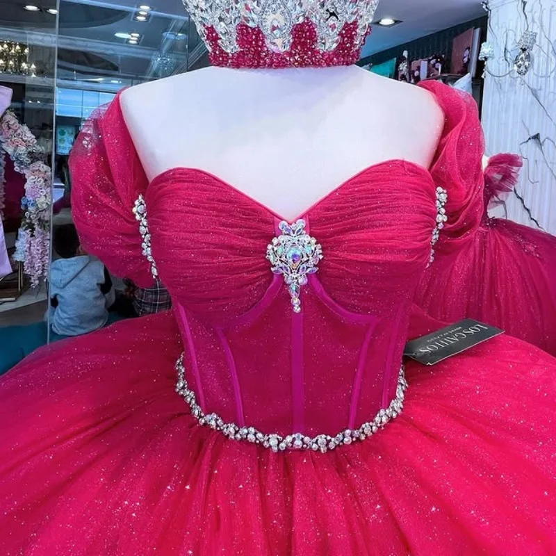 

Shiny rose pink Quinceanera Dress off-shoulder crystal decal Lace layering Long tail Bow vestidos de 15 Quinceanera ﻿Customized